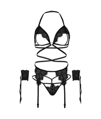 LEG AVENUE - SET CUATRO PIEZAS SUJETADOR, LIGUERO, TANGA Y PUÑOS TALLA ÚNICA - NEGRO