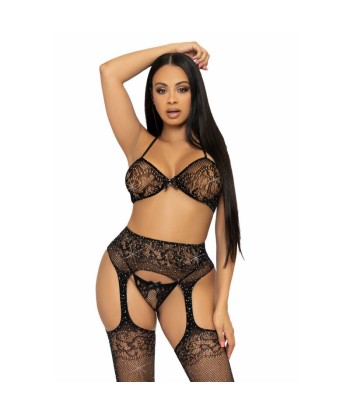 LEG AVENUE - SET TRES PIEZAS SUJETADOR, TANGA Y MEDIAS TALLA ÚNICA - NEGRO