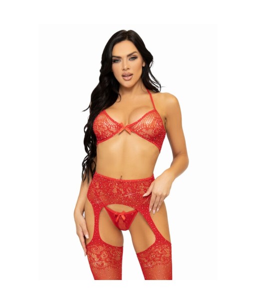 LEG AVENUE - SET TRES PIEZAS SUJETADOR, TANGA Y MEDIAS TALLA ÚNICA - NEGRO