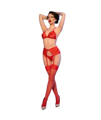 CHILIROSE - CR 4848 SET SUJETADOR TANGA MEDIAS DE ENCAJE ROJO S