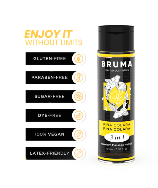 BRUMA - ACEITE DE MASAJE PREMIUM EFECTO CALOR SABOR PIÑA COLADA 3 EN 1 - 100 ML BRUMA - ACEITE DE MASAJE PREMIUM EFECTO CALOR SABOR PIÑA COLADA 3 EN 1 - 100 ML