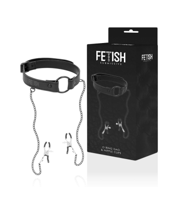 FETISH SUBMISSIVE - ANILLA MORDAZA CON PINZAS PARA PEZONES