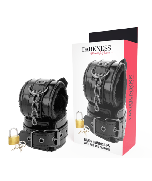 DARKNESS - ESPOSAS CUERO AJUSTABLES MANOS NEGRO CON CANDADO DARKNESS - ESPOSAS CUERO AJUSTABLES MANOS NEGRO CON CANDADO