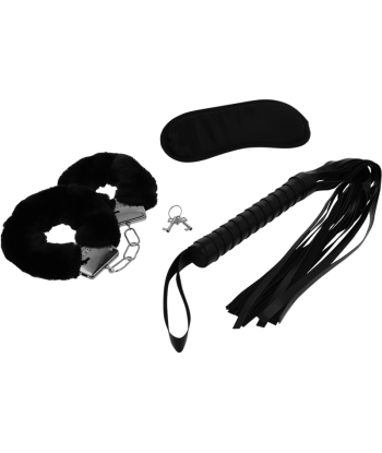 INTENSE - FETISH SET ERÓTICO 1 CON ESPOSAS, ANTIFAZ Y LÁTIGO DE CUERO VEGANO