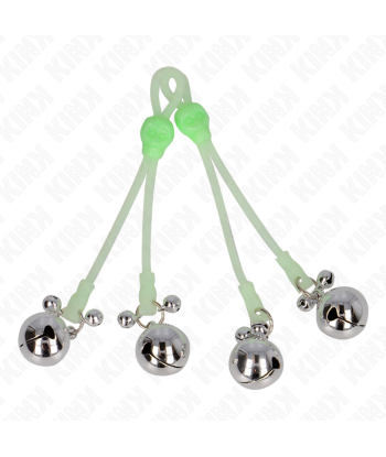 KINK - PINZAS PARA PEZONES LUMINOSAS FORMA CALABERA CON CASCABEL SONORO AJUSTABLE VERDE - PLATEADO