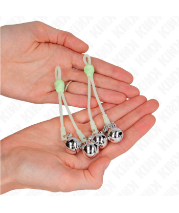 KINK - PINZAS PARA PEZONES LUMINOSAS FORMA CALABERA CON CASCABEL SONORO AJUSTABLE VERDE - PLATEADO