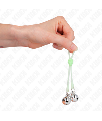 KINK - PINZAS PARA PEZONES LUMINOSAS FORMA CALABERA CON CASCABEL SONORO AJUSTABLE VERDE - PLATEADO