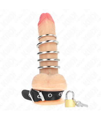 KINK - ANILLO PENE CUERO CORREA CON CERRADURA 21 X 2 CM Y 5 ANILLOS METAL DE 3 CM A 4 CM