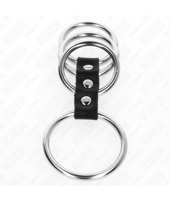 KINK - 4 ANILLOS PENE METAL 3.7 CM A 5 CM CONECTADOS POR CUERO