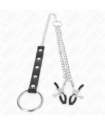 KINK - ANILLO PENE METAL CON CADENA Y PINZAS PARA PEZONES AJUSTABLE