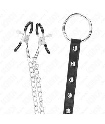 KINK - ANILLO PENE METAL CON CADENA Y PINZAS PARA PEZONES AJUSTABLE