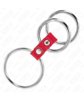 KINK - ANILLO PENE TRIPLE METAL 3.7 CM A 5 CM CONECTADOS CON CUERO ROJO