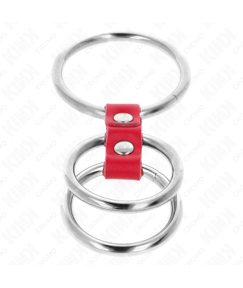 KINK - ANILLO PENE TRIPLE METAL 3.7 CM A 5 CM CONECTADOS CON CUERO ROJO
