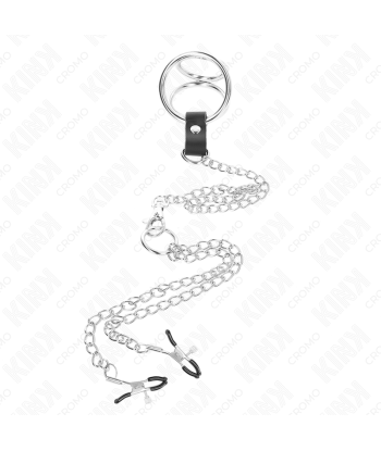 KINK - ANILLO PENE TRIPLE METAL CROMADO 3 CM A 4.5 CM CON CADENA METAL 26 CM Y PINZAS PARA PEZONES