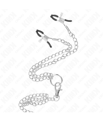 KINK - ANILLO PENE TRIPLE METAL CROMADO 3 CM A 4.5 CM CON CADENA METAL 26 CM Y PINZAS PARA PEZONES