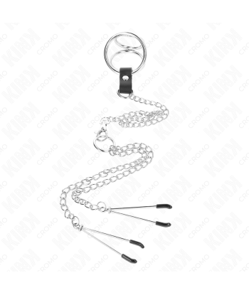 KINK - ANILLO PENE TRIPLE METAL CROMADO 3.8 CM A 5 CM CADENA METAL 26 CM Y PINZAS PARA PEZONES MODELO 2