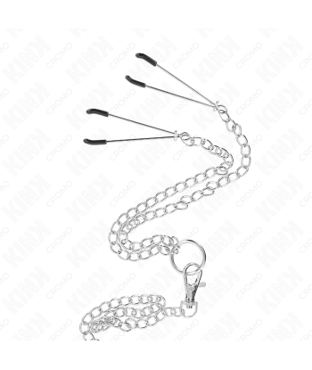 KINK - ANILLO PENE TRIPLE METAL CROMADO 3.8 CM A 5 CM CADENA METAL 26 CM Y PINZAS PARA PEZONES MODELO 2