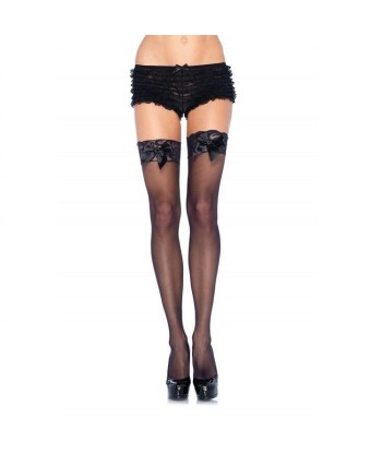 LEG AVENUE - MEDIAS NEGRAS CON DETALLE SUPERIOR DE ENCAJE Y LAZO SATINADO