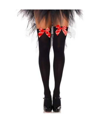 LEG AVENUE - MEDIAS ALTAS NEGRAS CON LACITO ROJO TALLA ÚNICA