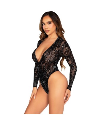 LEG AVENUE - BODY DE ENCAJE Y MANGA LARGA CON DIAMANTES NEGRO TALLA ÚNICA