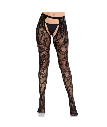 LEG AVENUE - MEDIAS DE ENCAJE DE ROSAS CON PARTE TRASERA ABIERTA NEGRO