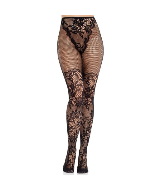 LEG AVENUE - MEDIAS DE ENCAJE DAHLIA CON DETALLE DE RED NEGRO LEG AVENUE - MEDIAS DE ENCAJE DAHLIA CON DETALLE DE RED NEGRO