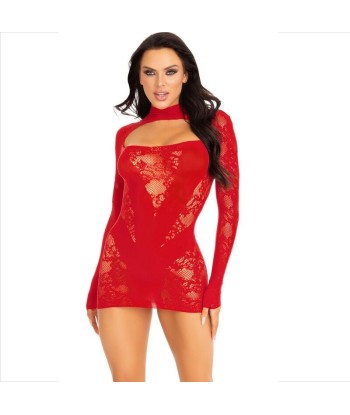 LEG AVENUE - MINI VESTIDO DE ENCAJE CON MANGA LARGA ROJO