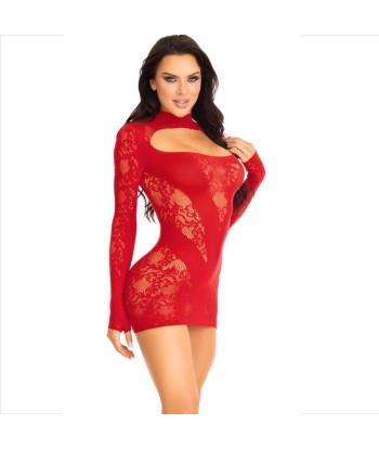 LEG AVENUE - MINI VESTIDO DE ENCAJE CON MANGA LARGA ROJO