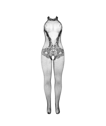 SUBBLIME - 951801 BODYSTOCKING CROTCHLESS DE REJILLA Y ENCAJE CON CUELLO ALTO NEGRO TALLA ÚNICA