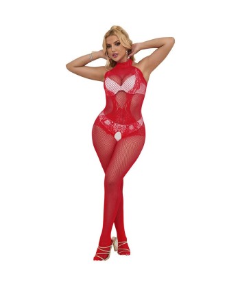 SUBBLIME - 952372 BODYSTOCKING CROTCHLESS DE REJILLA Y ENCAJE CON CUELLO ALTO ROJO TALLA ÚNICA