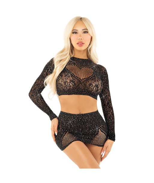 LEG AVENUE - TOP FALDA DE REJILLA CON BRILLANTES NEGRO