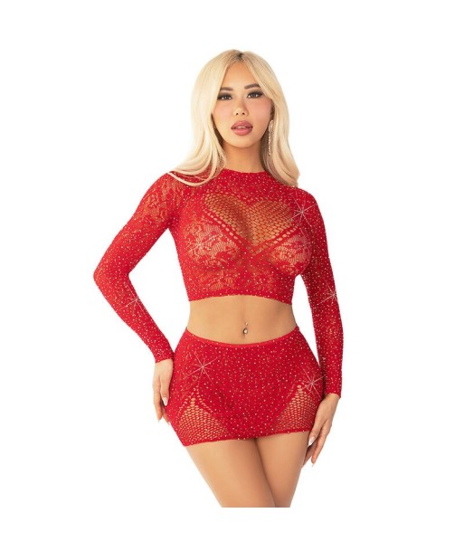 LEG AVENUE - TOP FALDA DE REJILLA CON BRILLANTES ROJO