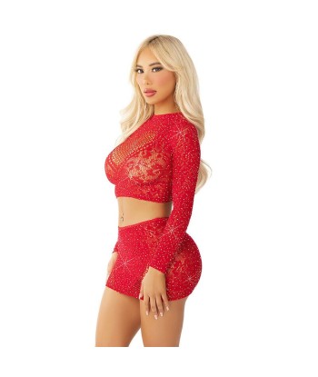 LEG AVENUE - TOP FALDA DE REJILLA CON BRILLANTES ROJO