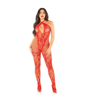 LEG AVENUE - BODYSTOCKING DE REJILLA CON ESTAMPADO DE FLORES ROJO TALLA ÚNICA