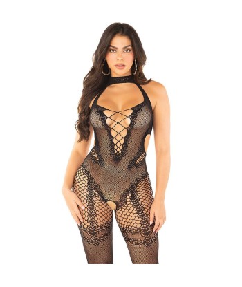 LEG AVENUE - BODYSTOCKING CROTCHLESS DE REJILLA NEGRO TALLA ÚNICA