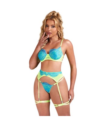 SUBBLIME - 955328 SET SUJETADOR CON ENCAJE Y LIGUEROS VERDE Y AZUL L-XL