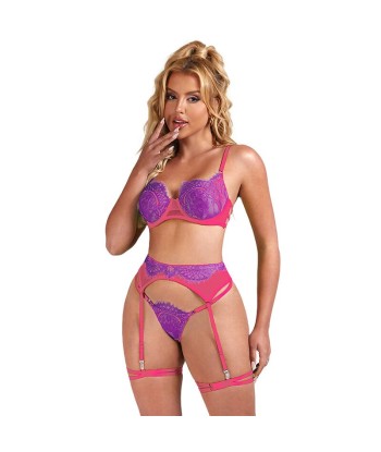 SUBBLIME - 955359 SET SUJETADOR CON ENCAJE Y LIGUEROS ROSA Y MORADO S-M