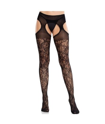 LEG AVENUE - MEDIAS DE ENCAJE FLORAL CON LIGAS UNIDAS NEGRO