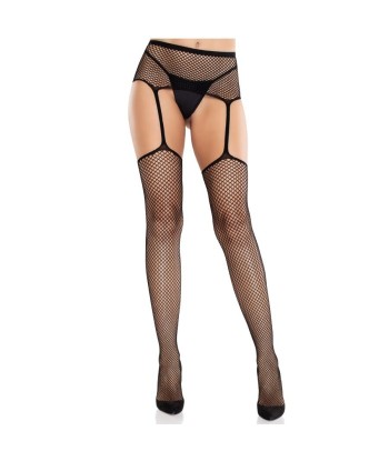 LEG AVENUE - MEDIAS DE ENCAJE CON CRUZ Y PORTALIGAS NEGRO