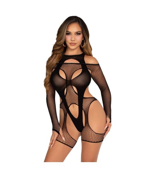 LEG AVENUE - BODY DE REJILLA CON LIGA Y ARNÉS NEGRO LEG AVENUE - BODY DE REJILLA CON LIGA Y ARNÉS NEGRO