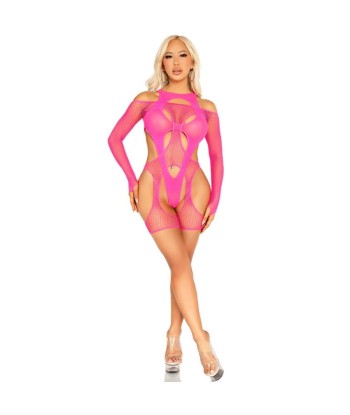 LEG AVENUE - BODY DE REJILLA CON LIGA Y ARNÉS ROSA NEÓN