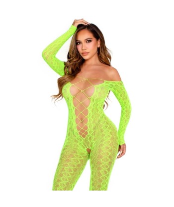 LEG AVENUE - BODYSTOCKING SIN ENTREPIERNA DE ENCAJE DE SERPIENTE EXÓTICA VERDE NEÓN
