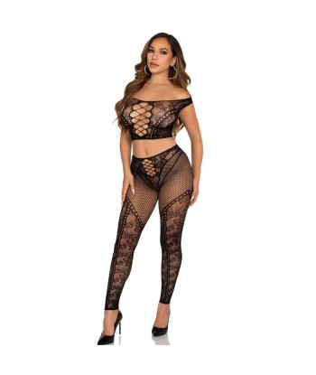 LEG AVENUE - CROP TOP Y LEGGING DE REJILLA CON HOMBROS DESCUBIERTOS NEGRO