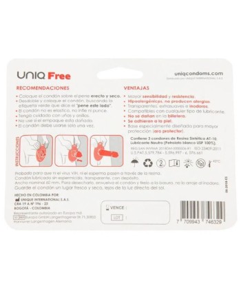 UNIQ - FREE PRESERVATIVOS CON ARO PROTECTOR SIN LATEX 3 UNIDADES