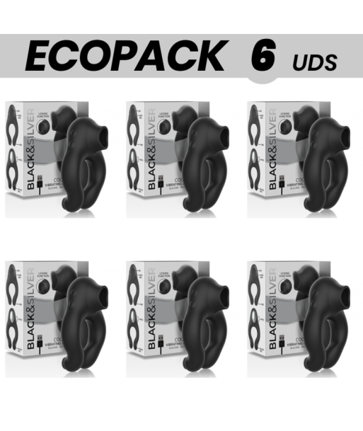 ECOPACK 6 UDS - BLACKandSILVER ANILLO VIBRADOR SILICONA 3 MOTORES RECARGABLE NEGRO