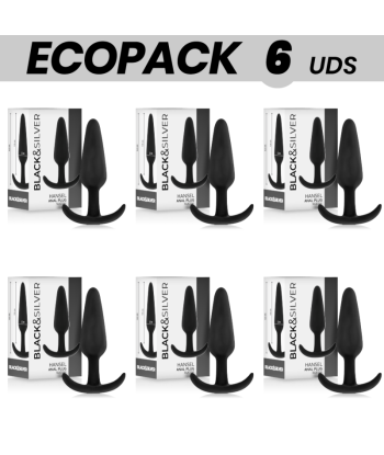 ECOPACK 6 UDS - BLACKandSILVER HANSEL PLUG ANAL SILICONA CON ASA PEQUEÑO
