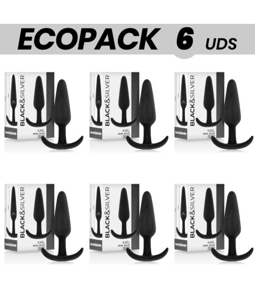 ECOPACK 6 UDS - BLACKandSILVER KAEL PLUG ANAL SILICONA CON ASA MEDIANO
