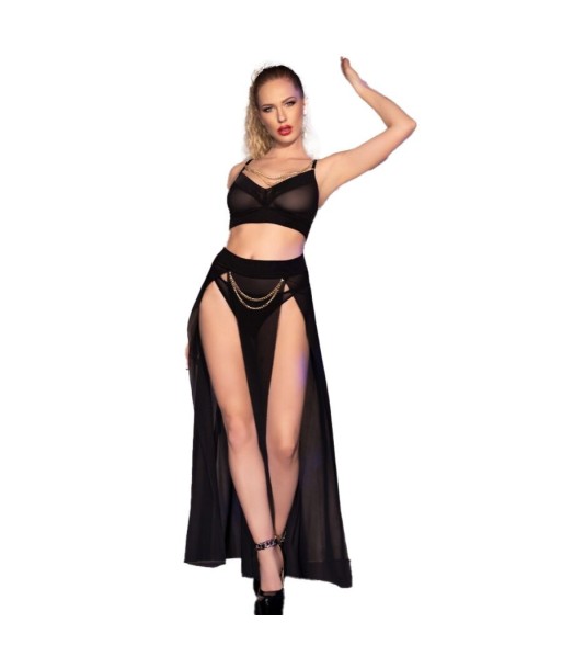 CHILIROSE - CR 4672 TOP NEGRO FALDA Y TANGA CON CADENAS DORADAS S CHILIROSE - CR 4672 TOP NEGRO FALDA Y TANGA CON CADENAS DORADAS S