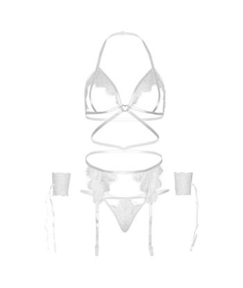 LEG AVENUE - SET CUATRO PIEZAS SUJETADOR, LIGUERO, TANGA Y PUÑOS TALLA ÚNICA - BLANCO LEG AVENUE - SET CUATRO PIEZAS SUJETADOR, LIGUERO, TANGA Y PUÑOS TALLA ÚNICA - BLANCO