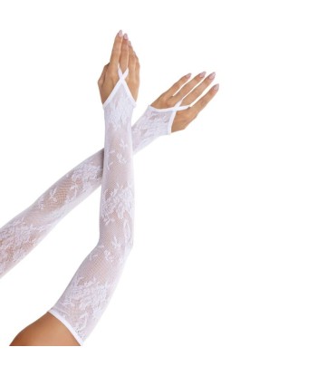 LEG AVENUE - GUANTES EXTRALARGOS CALIENTABRAZOS DE ENCAJE FLORAL BLANCO